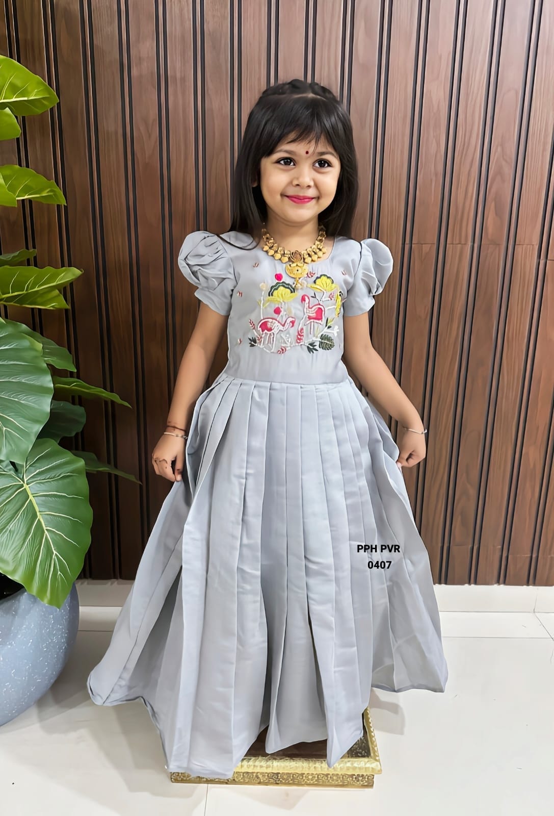 Girls Mustard Yellow Embroidered Pleated Gown Dress